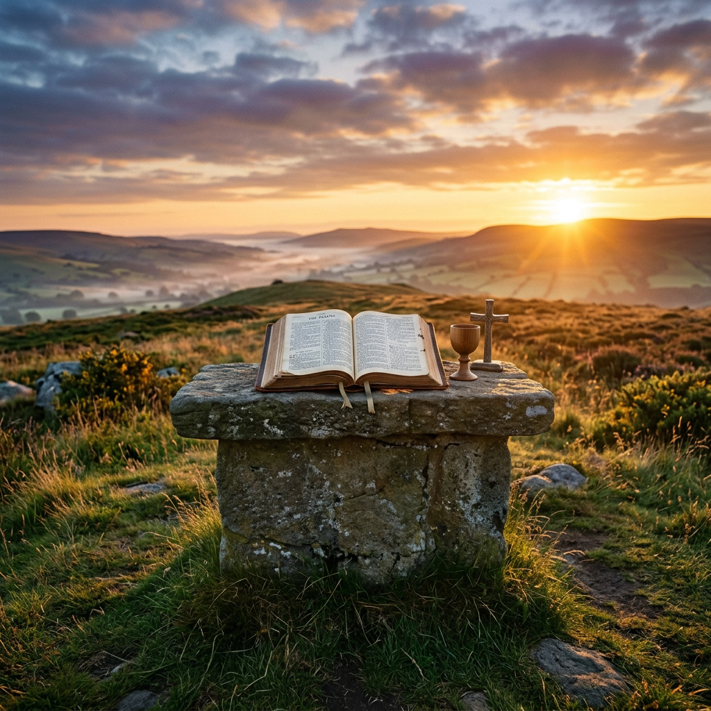 Open Bible, wooden chalice, and cross on stone altar outdoors at sunrise
