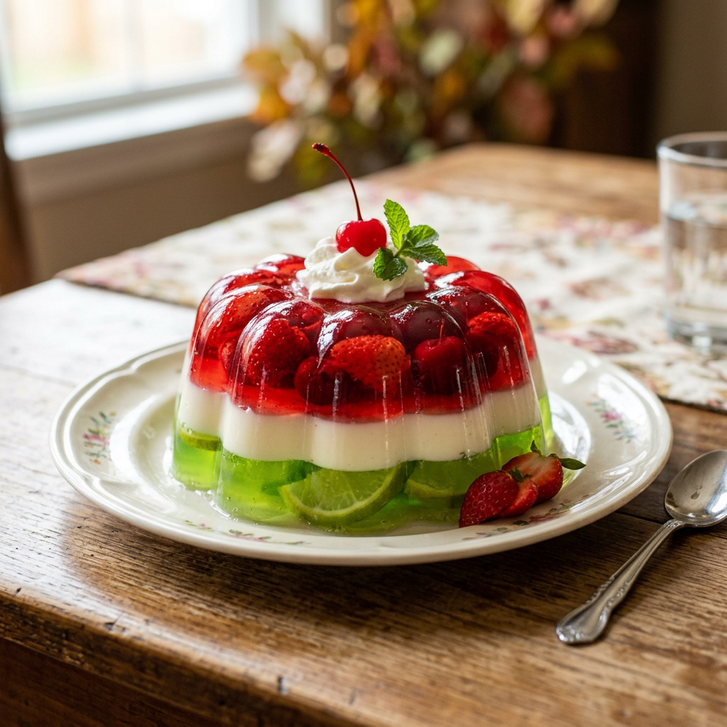Layered gelatin dessert with strawberries, lime slices, whipped cream, cherry, and mint on a plate