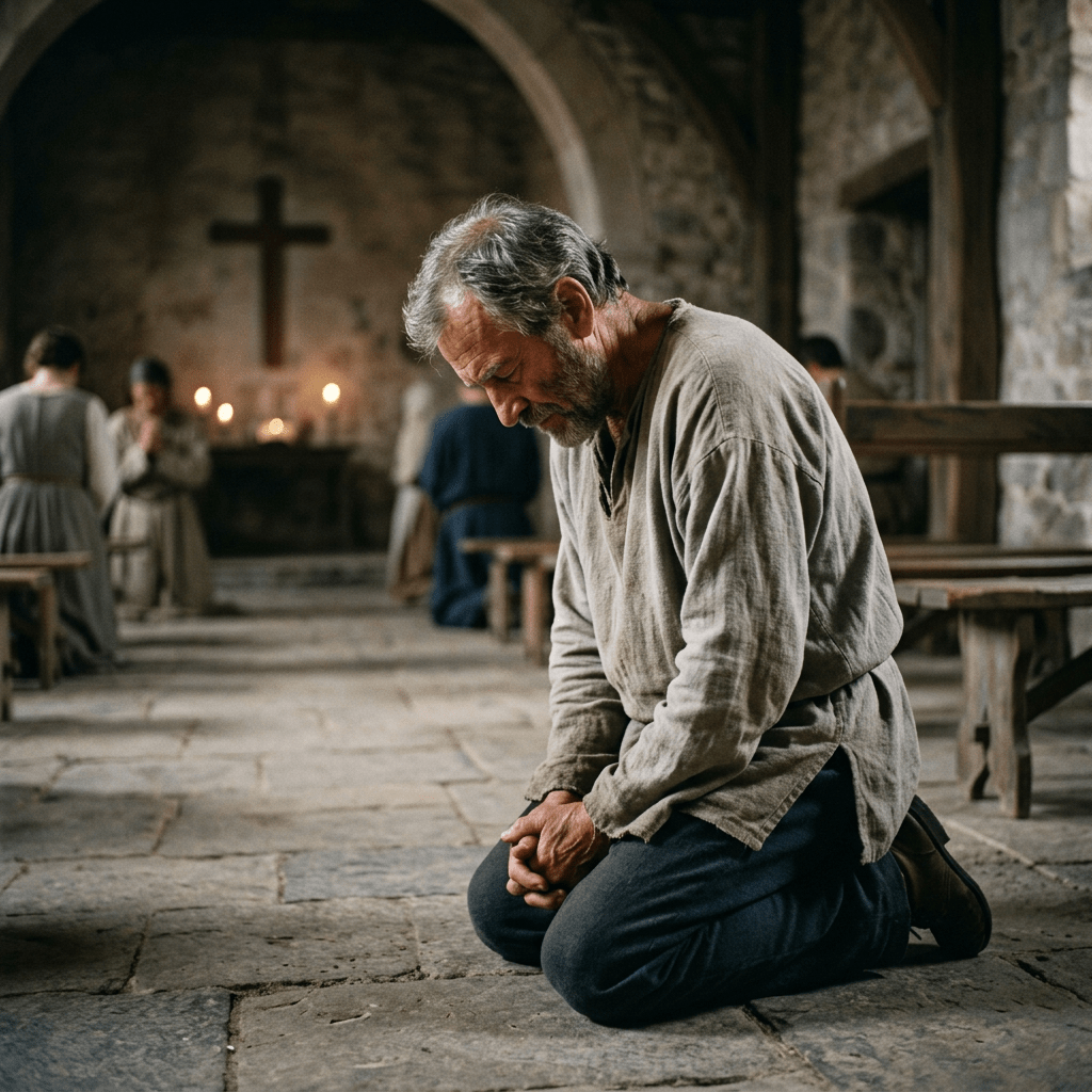Man kneeling and praying inside a stone medieval church with a cross and lit candles