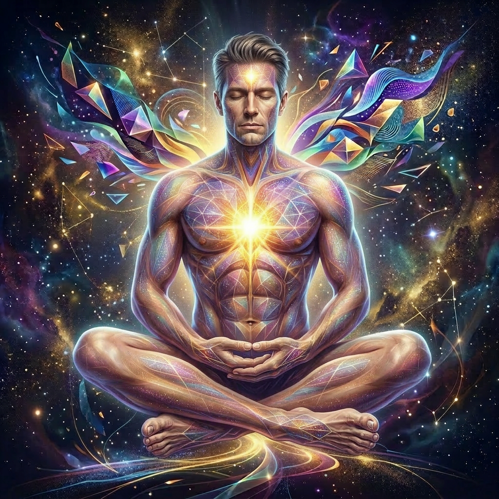 Abstract humanoid figure glowing with cosmic energy in colorful space