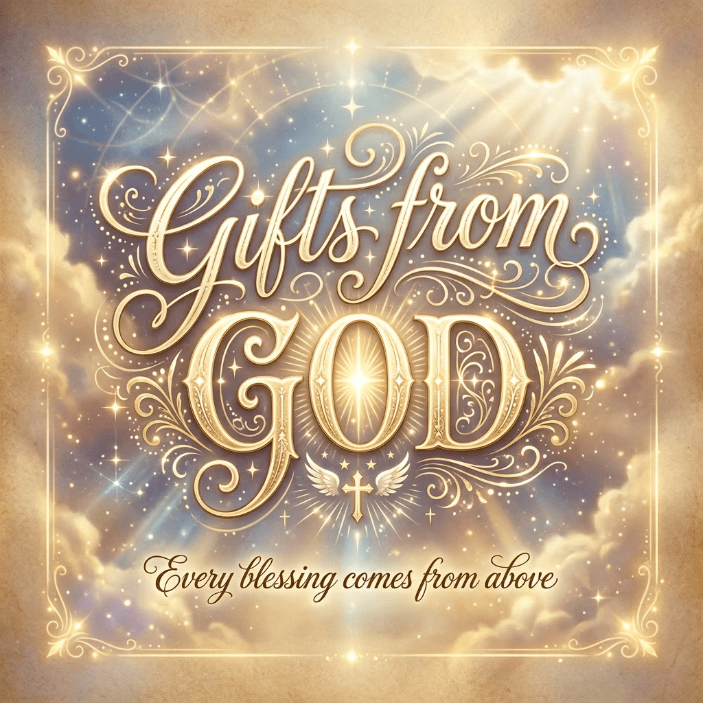 Decorative text reading 'Gifts from God' with a cross and wings and the quote 'Every blessing comes from above James 1:17'