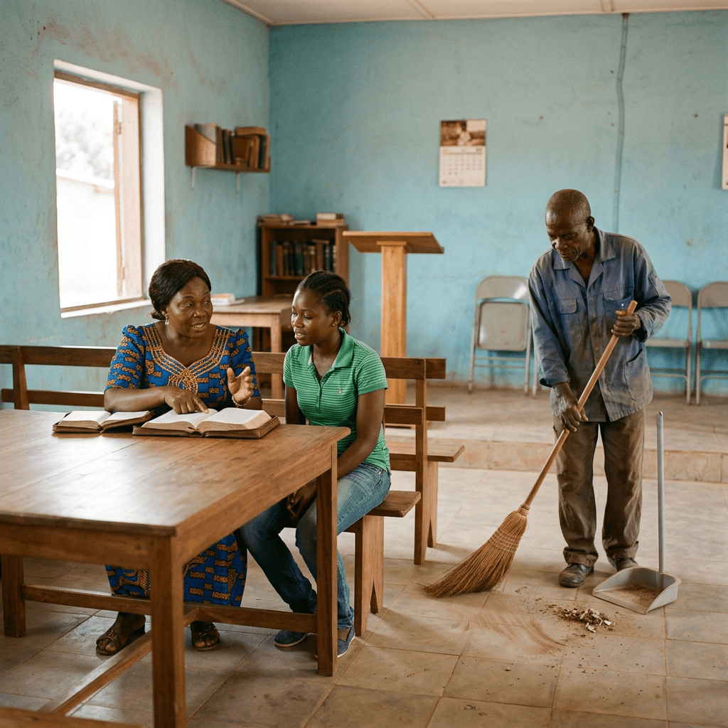 Woman explaining from open book to girl sitting beside her while man sweeps floor in classroom with blue walls