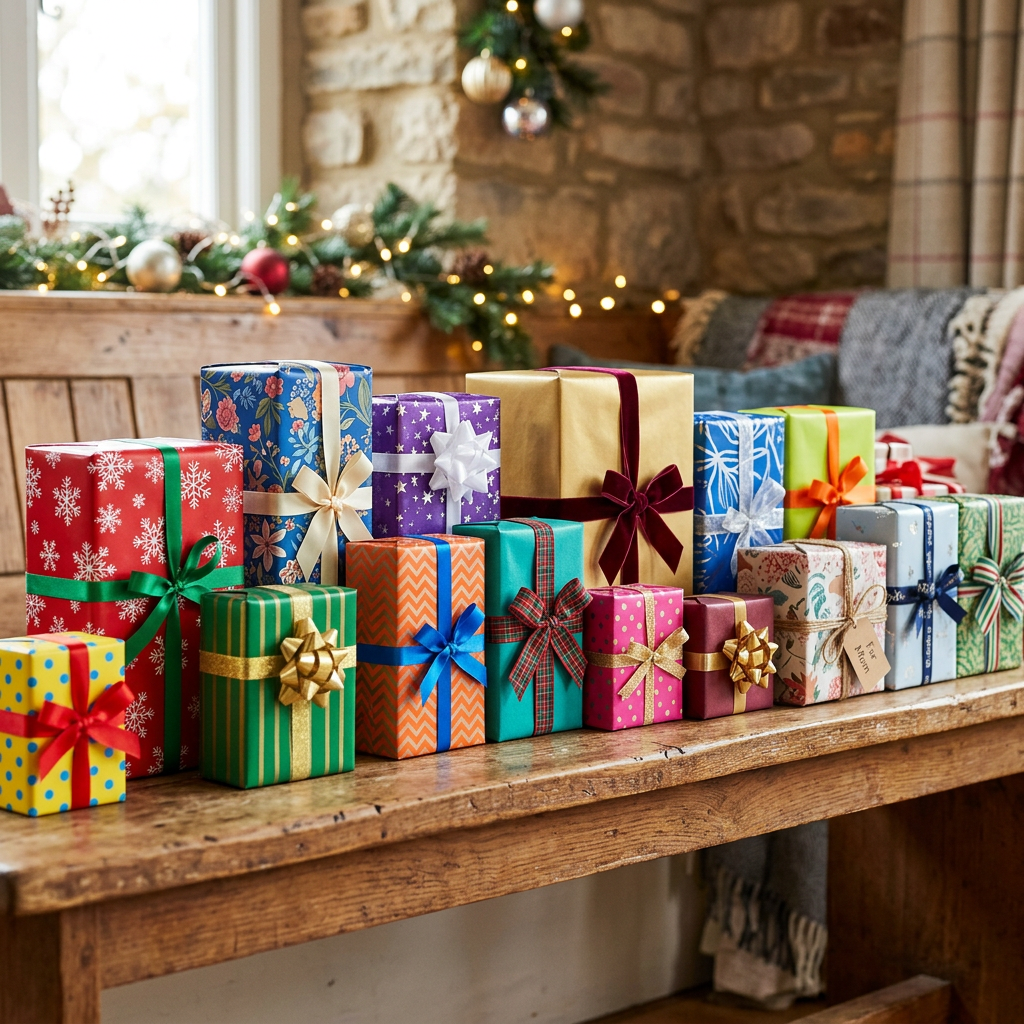 Various Christmas presents wrapped in colorful paper with bows on a wooden bench
