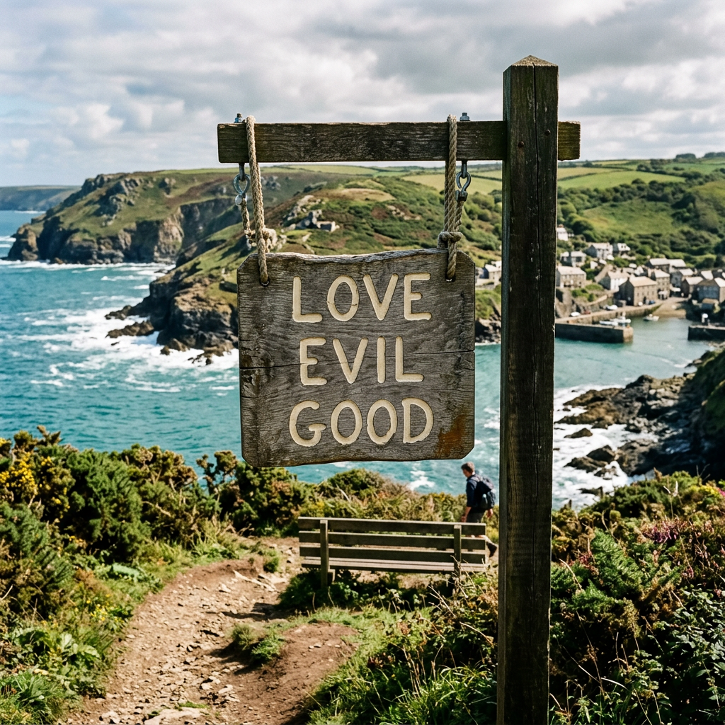 Add sign reading Love Evil Good