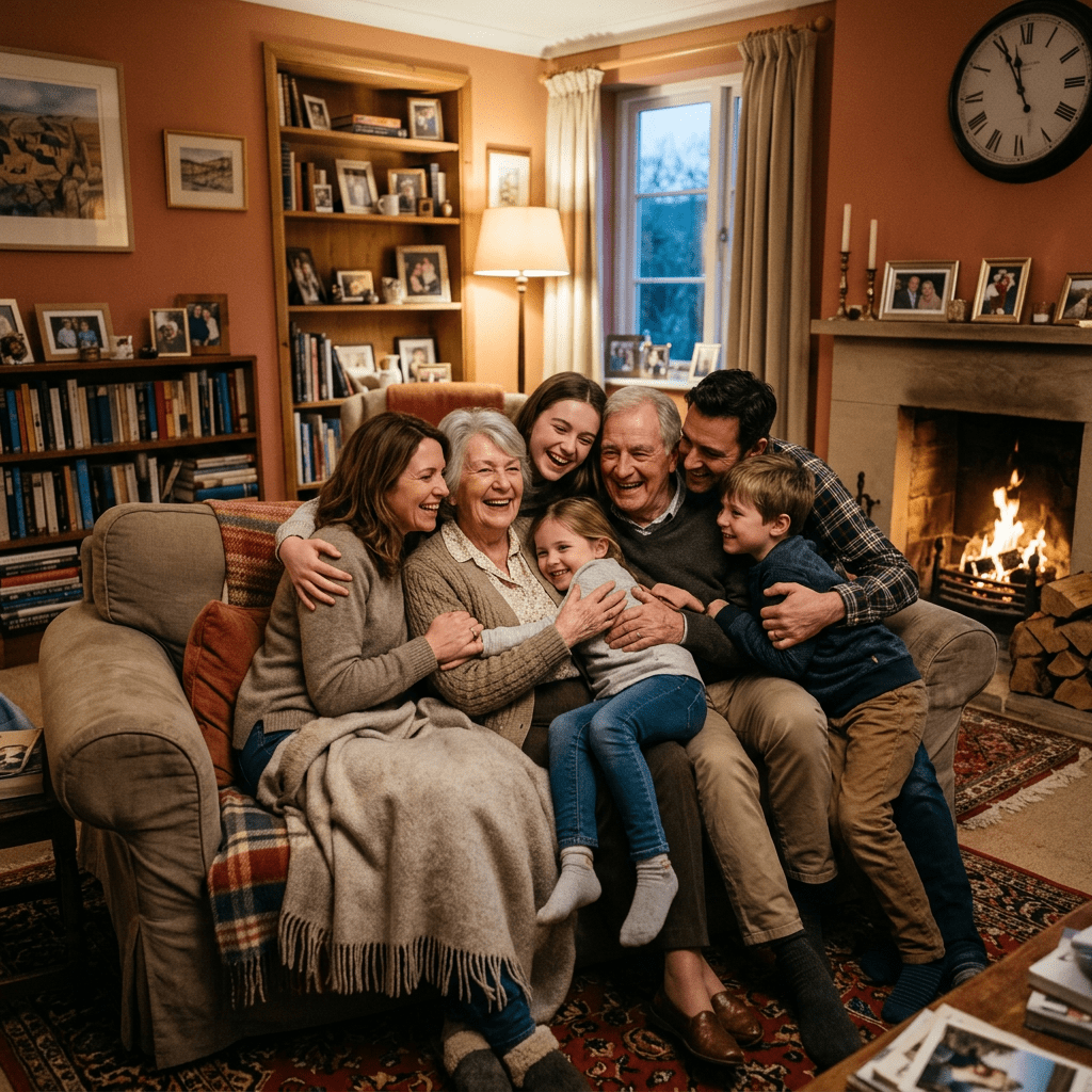 Three generations of family hugging on a couch by a fireplace