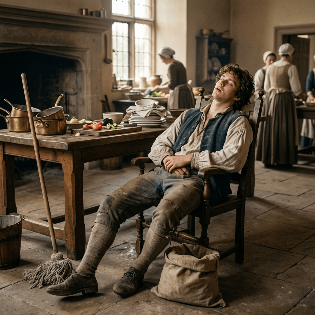 Young man in period clothing asleep in chair in busy kitchen with workers preparing food in background