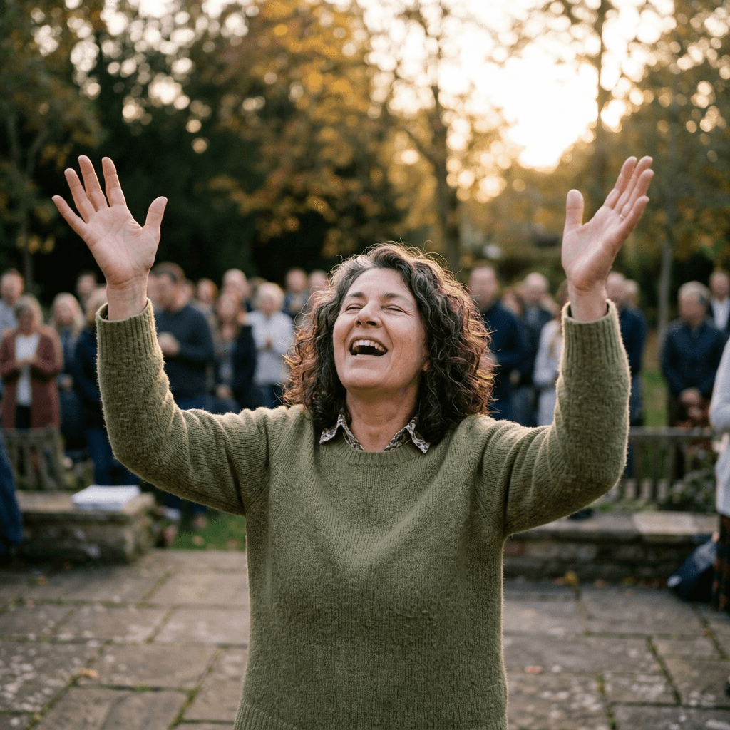 A smiling woman with curly hair raising both arms outdoors in front of a crowd