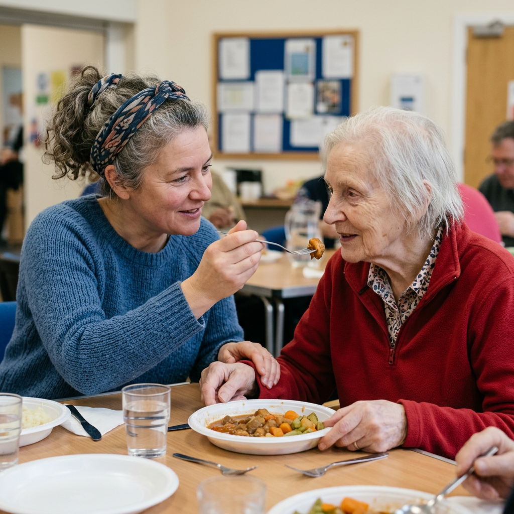 A woman feeding an elderly person a bite of food at a table with plates and glasses