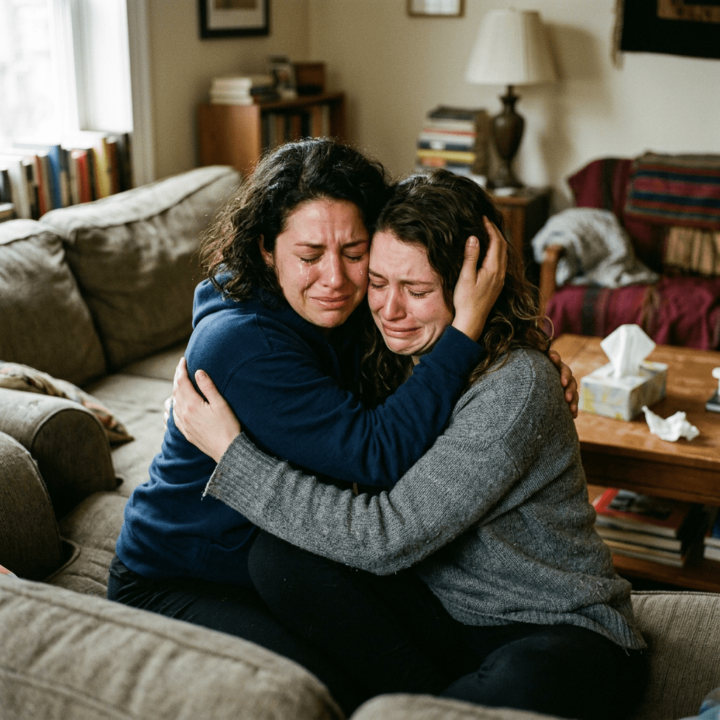 Two women sitting on a couch, holding and comforting each other while crying.