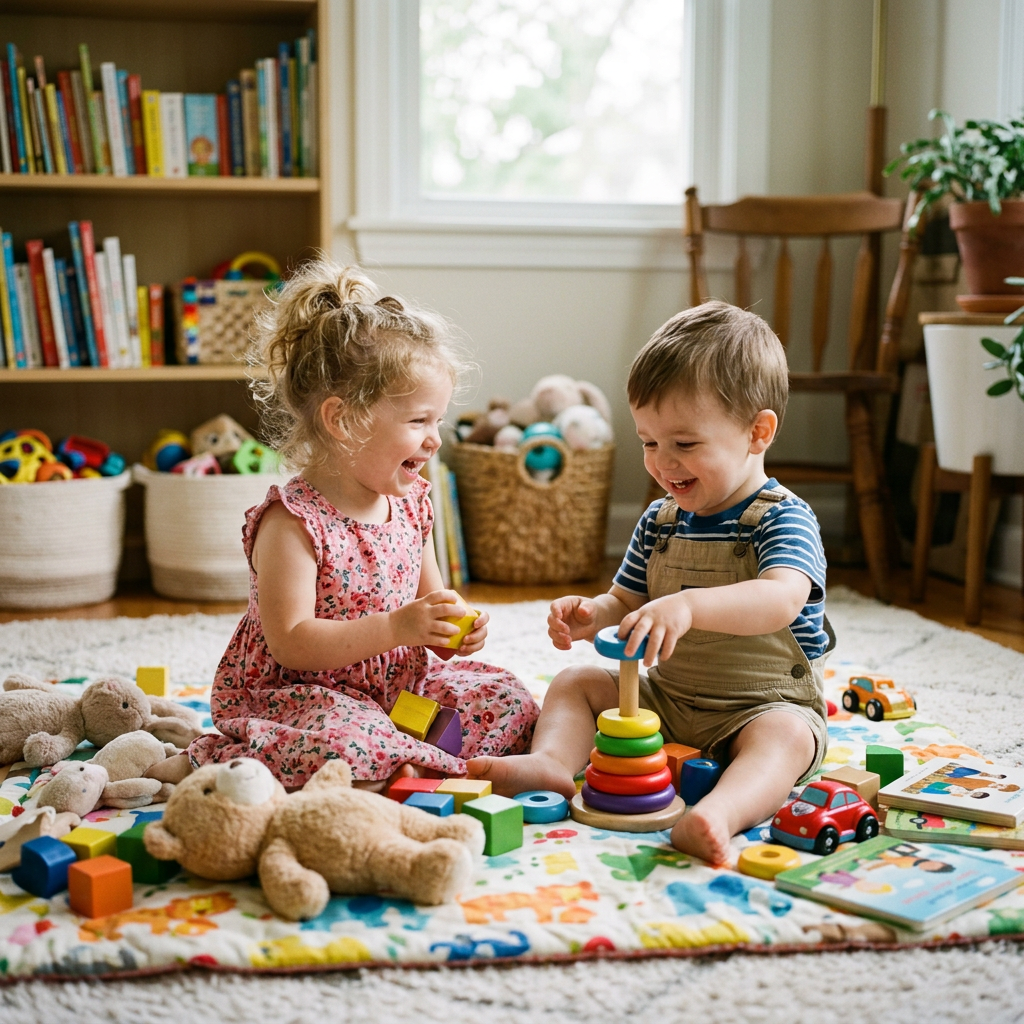 Two toddlers sitting on a blanket playing with stacking rings and blocks