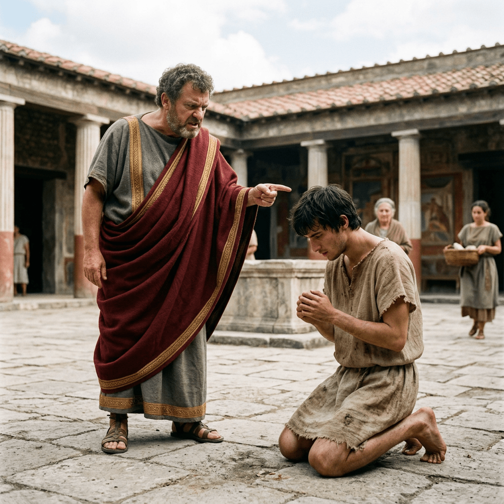 Roman man pointing and scolding a kneeling young man in tattered clothing in an ancient courtyard