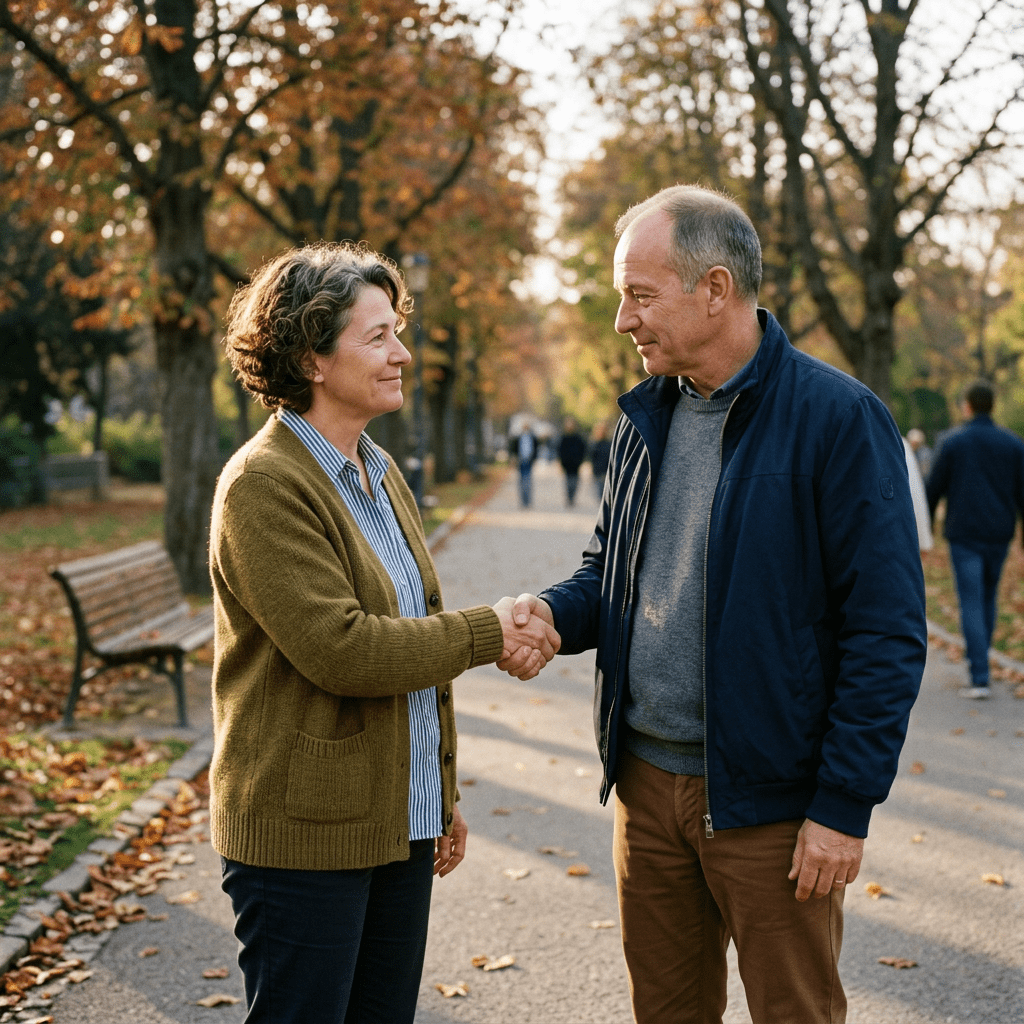 Two people shaking hands in an autumn park with trees and fallen leaves