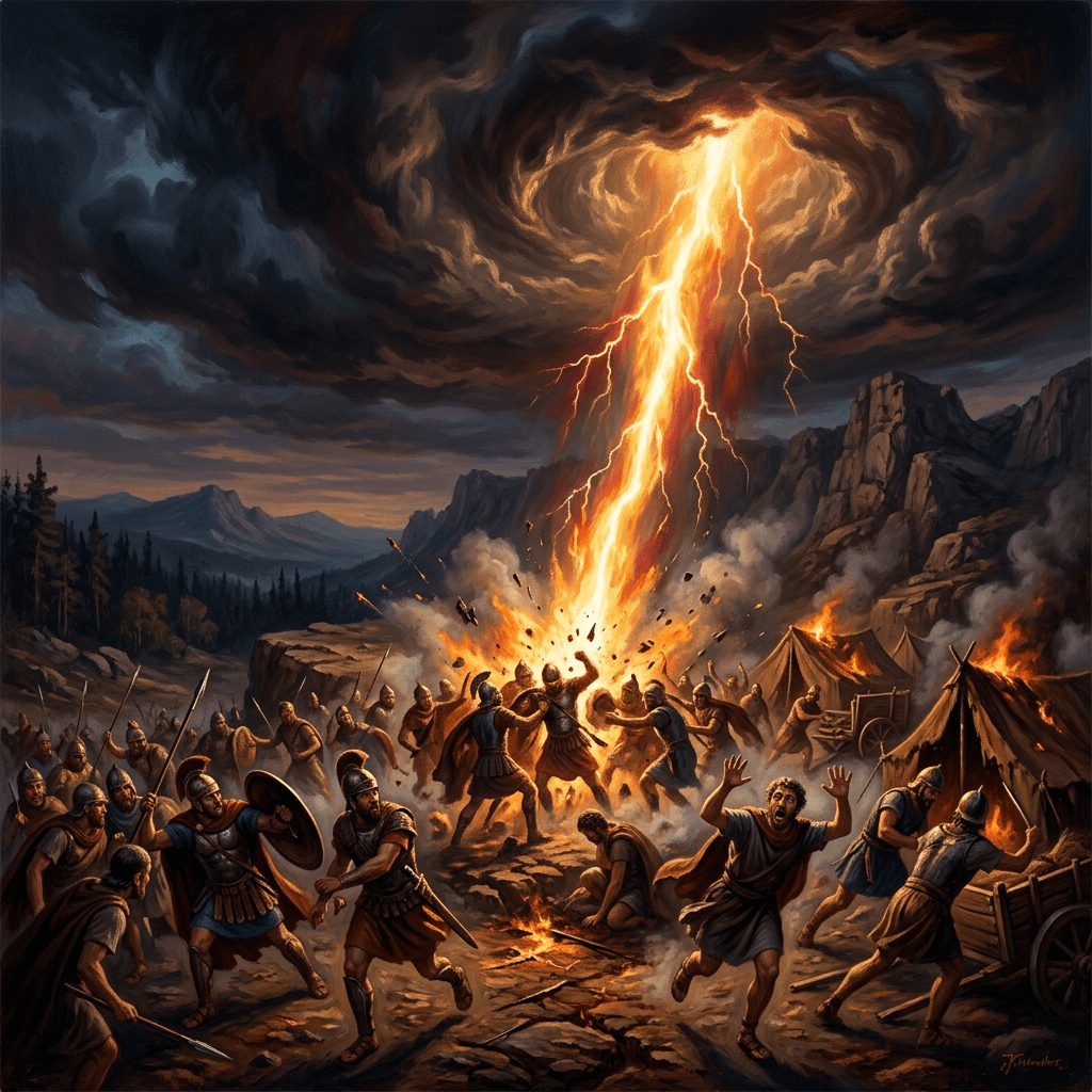 Lightning bolt striking ancient warriors surrounded by burning tents in mountainous terrain