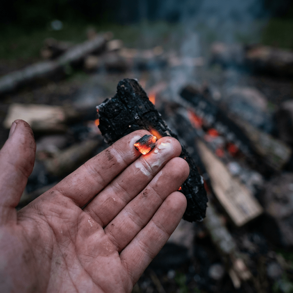 Hand holding a small glowing ember with a campfire in the background