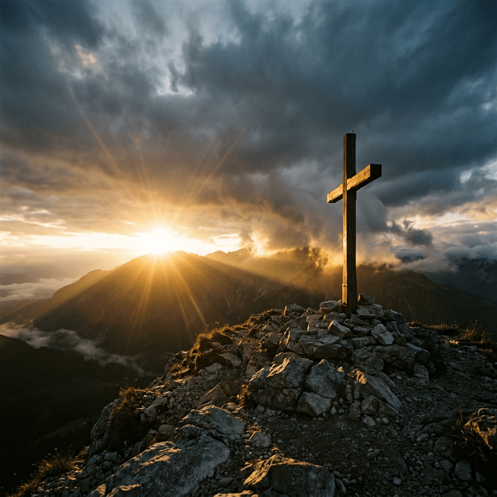 Wooden cross on rocky mountain summit with sun setting behind clouds