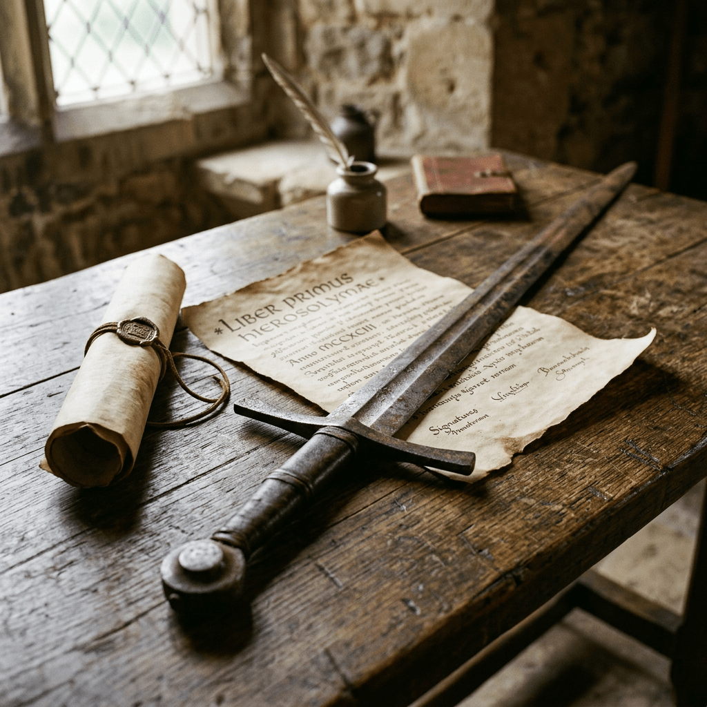 Medieval sword resting on parchment documents and scroll on wooden table