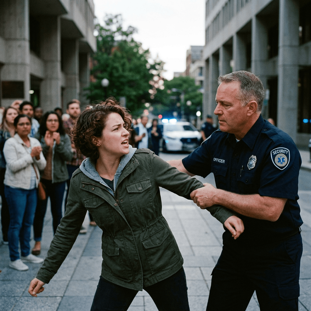 Security officer holding a woman's arm as she resists in a crowded urban area