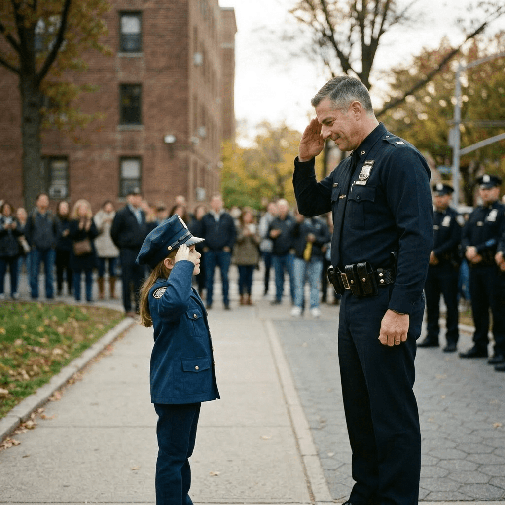 Child dressed in police uniform saluting a police officer on the street