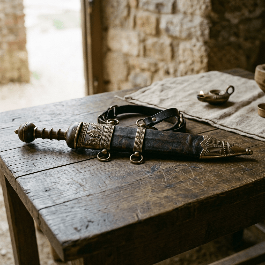 Roman-style dagger with decorative sheath and handle on wooden table