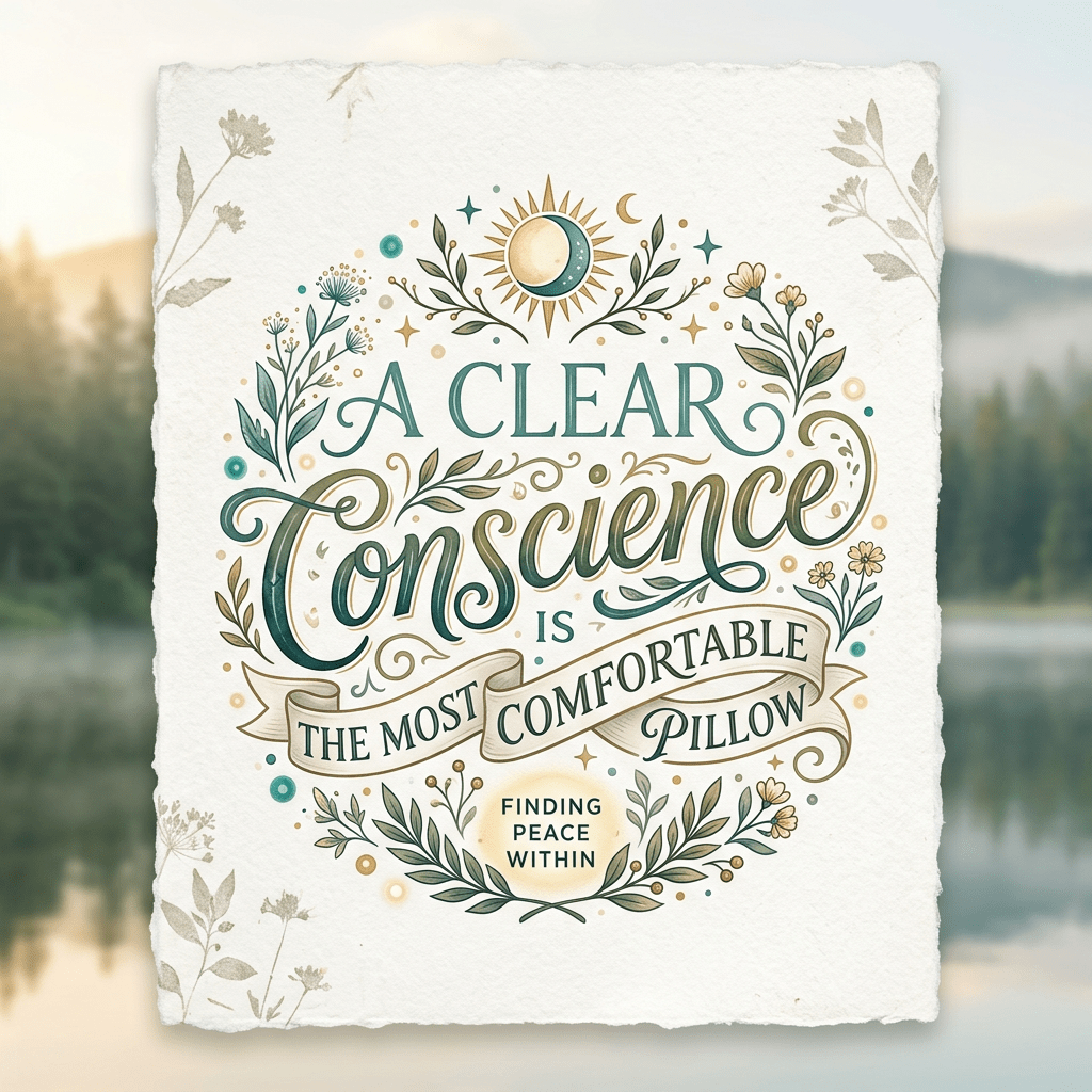 Quote reading 'A clear conscience is the most comfortable pillow, finding peace within' with decorative floral and celestial elements