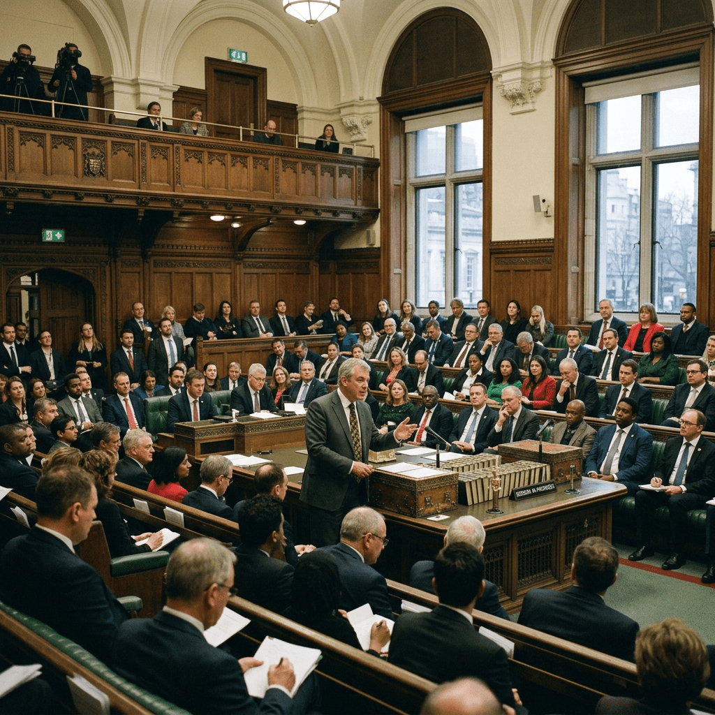 Member of UK House of Commons speaking during a parliamentary debate session surrounded by seated members and officials