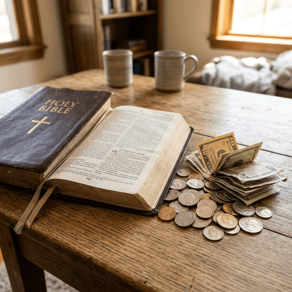 Open Bible beside coins and folded dollar bills on wooden table