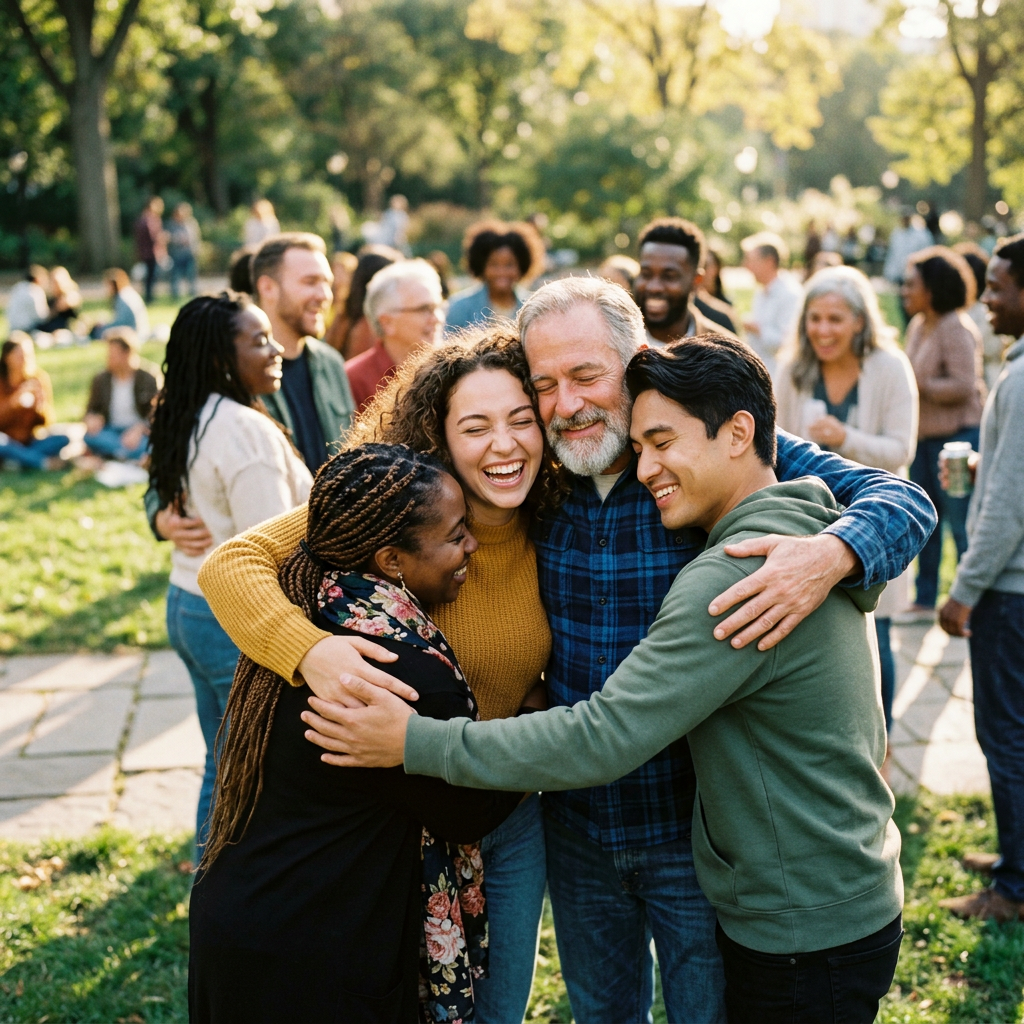 Four diverse people smiling and hugging warmly in a sunny park