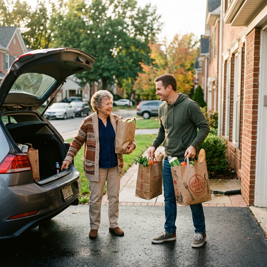 Young man and elderly woman carrying grocery bags by a car with open trunk
