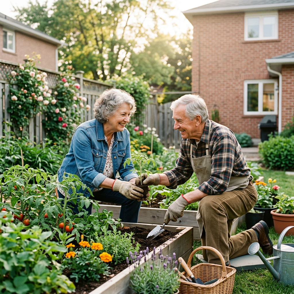 Elderly couple planting seedlings in raised garden bed outdoors