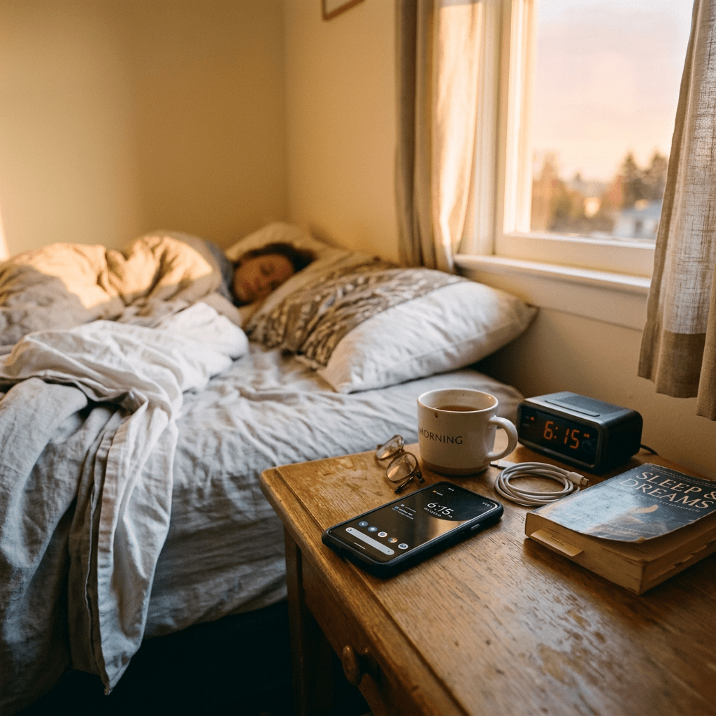 Person sleeping in bed with bedside table showing phone, coffee mug, alarm clock, and book