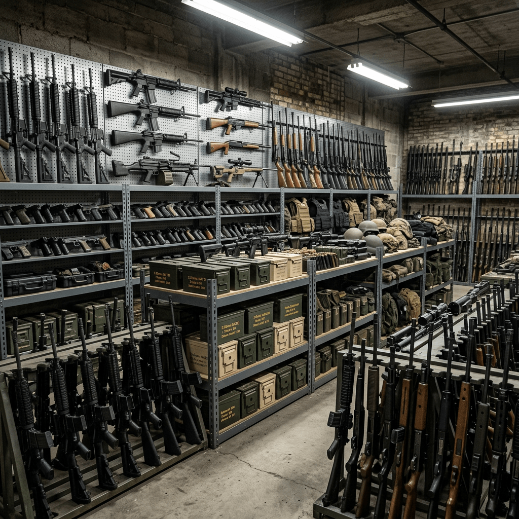 Indoor storage room filled with rifles, handguns, helmets, body armor, and ammunition boxes