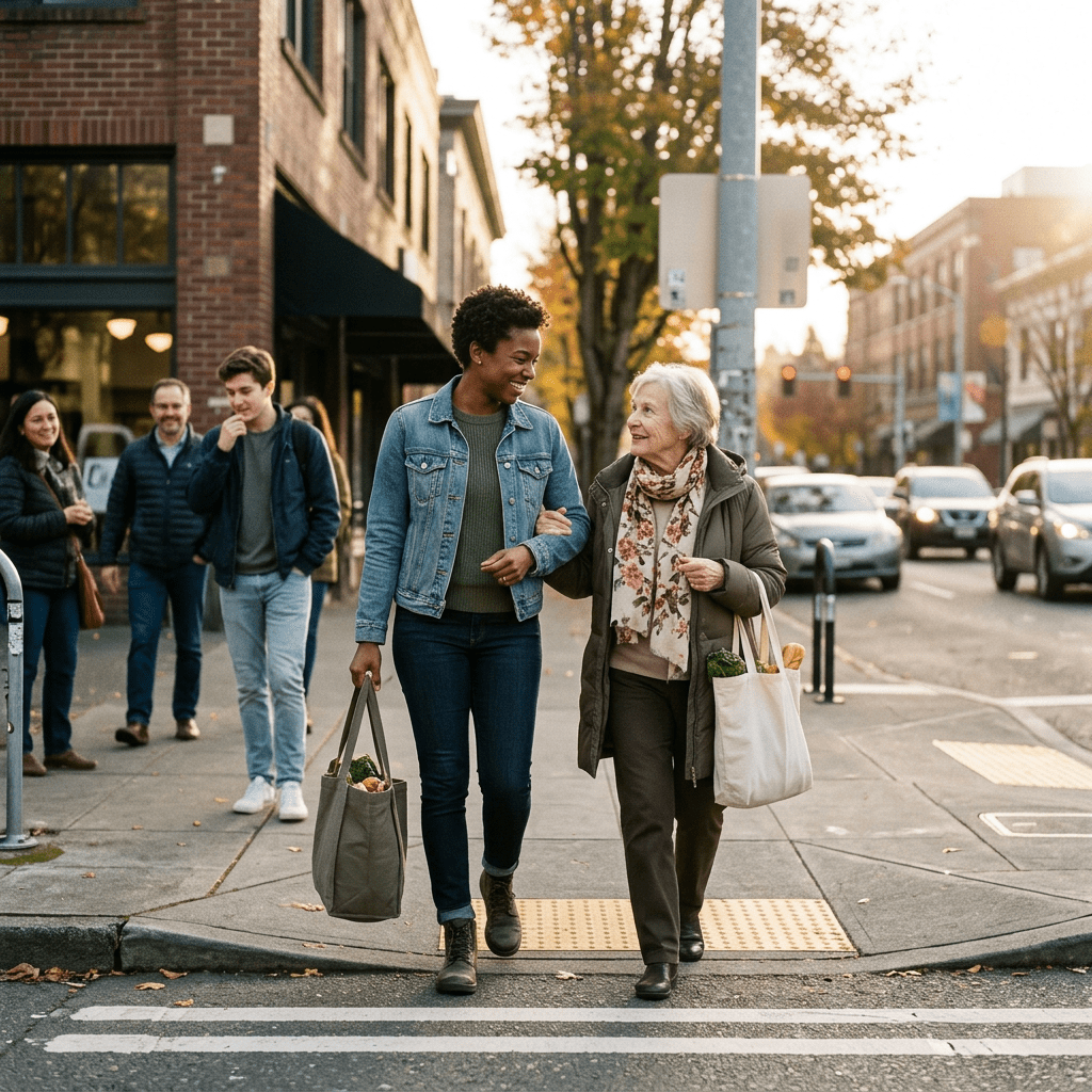 Two women walking arm in arm across a crosswalk carrying grocery bags in an urban setting.