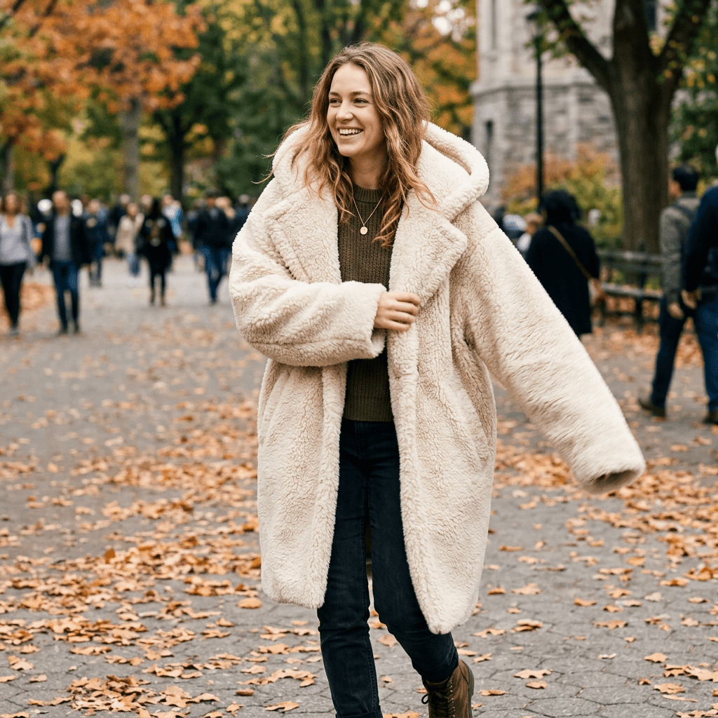 Woman in oversized beige teddy coat walking on leaf-covered park path in autumn
