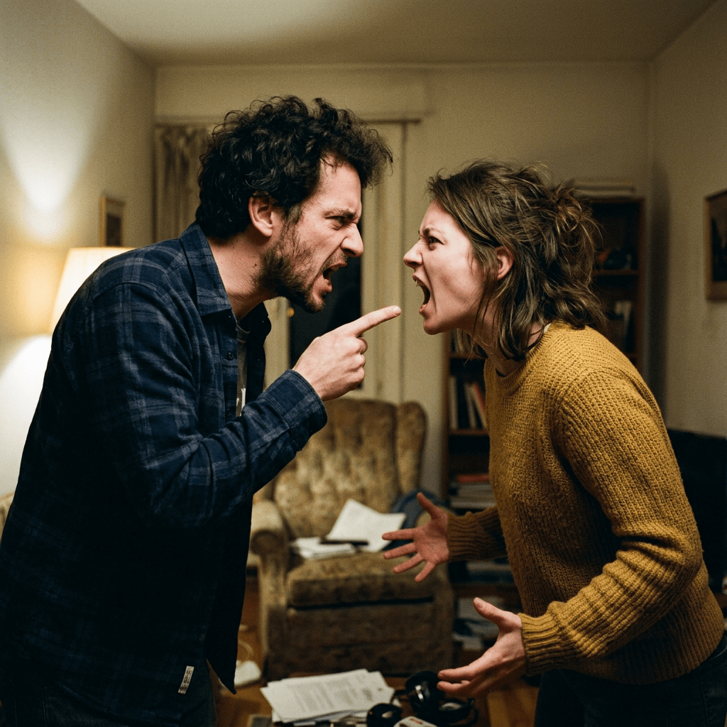 Man and woman shouting angrily at each other in a living room