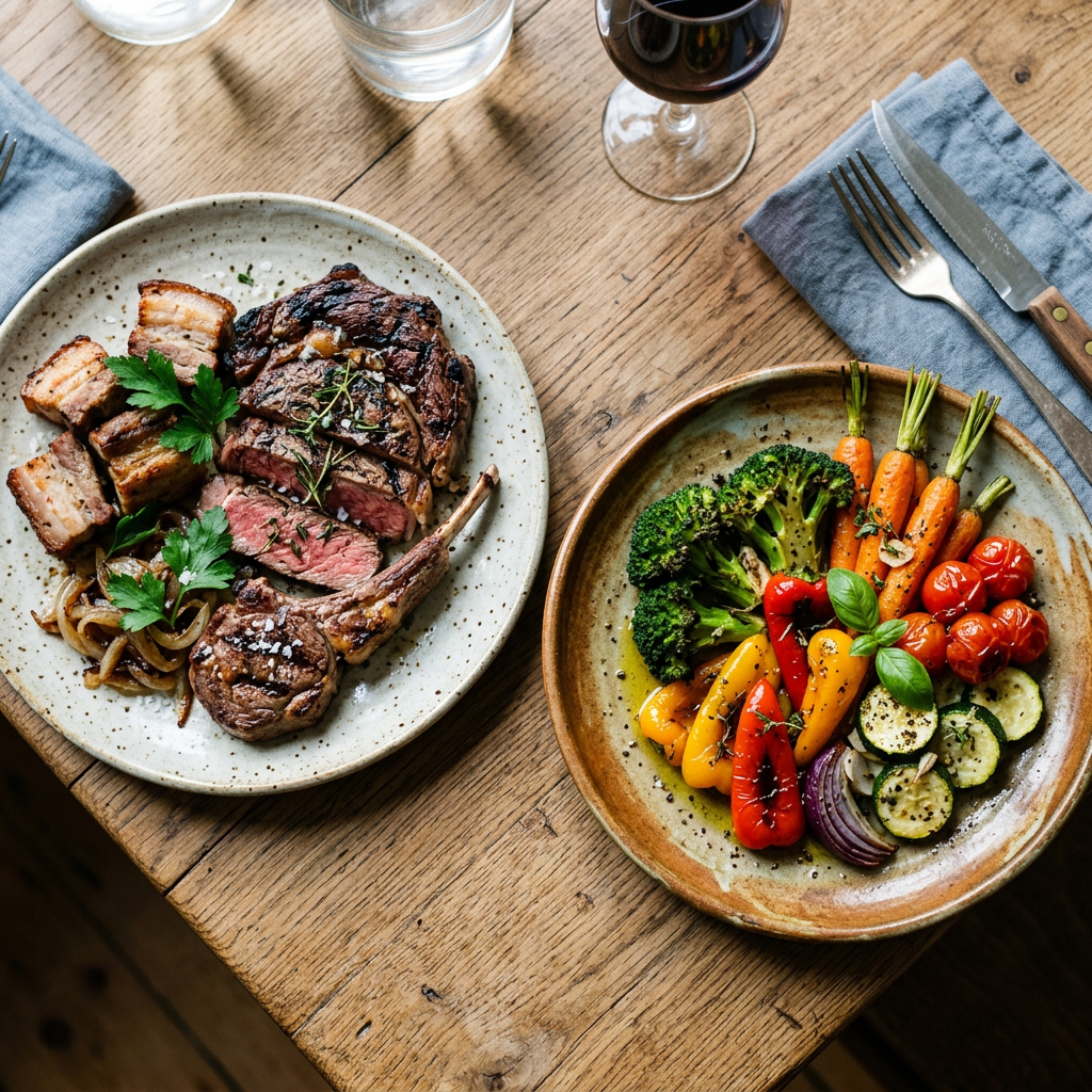 Plate of grilled steak with pork belly and herbs next to a plate of assorted roasted vegetables including broccoli, carrots, peppers, cherry tomatoes, zucchini, and onion