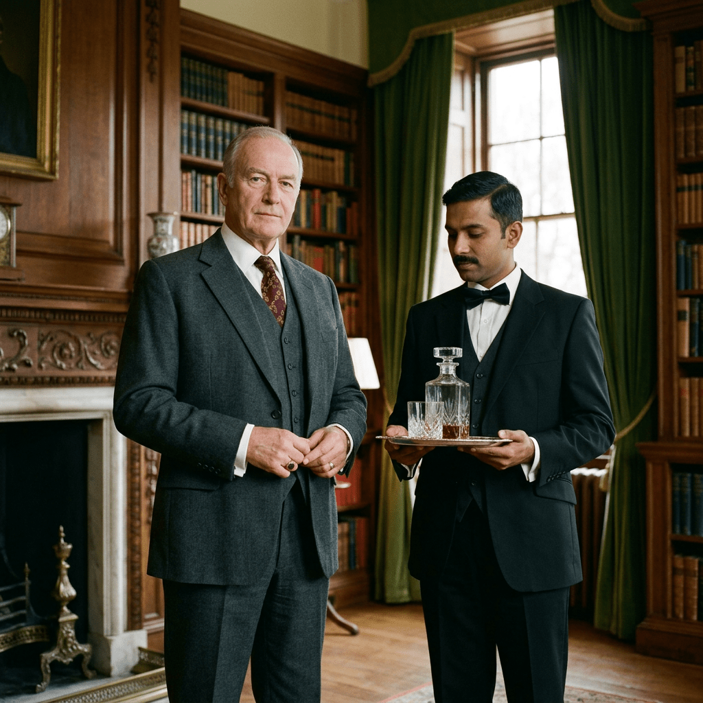 Older gentleman in gray suit stands beside waiter holding whiskey decanter and glass on tray in library