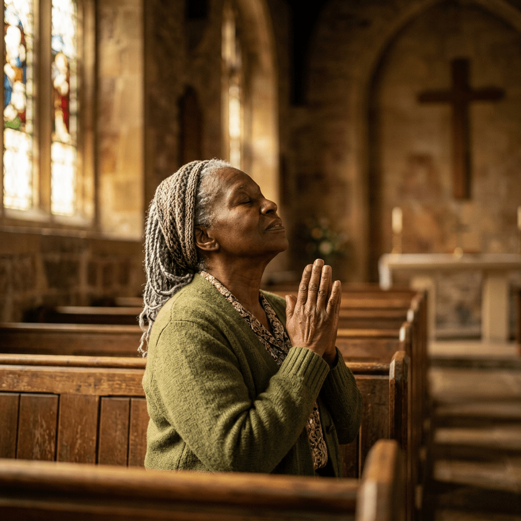 Elderly woman sitting in church pew with hands clasped in prayer