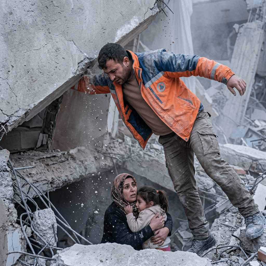 Man in orange jacket clearing rubble as a woman holds her child in ruins