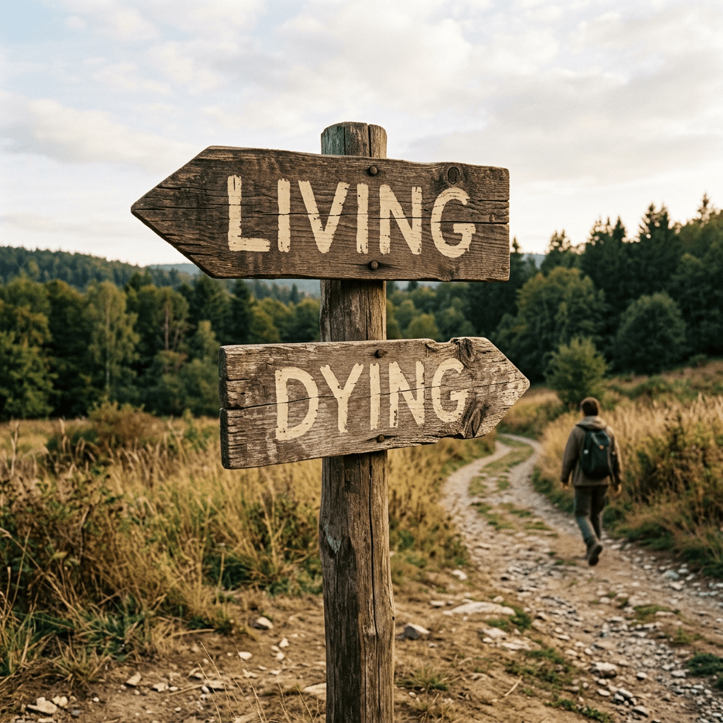 Wooden signpost with arrows labeled 'Living' pointing left and 'Dying' pointing right on a rural dirt path.
