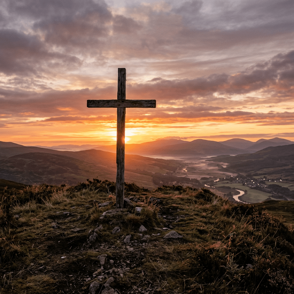 Wooden cross on a hill with sunset behind and a valley with hills and river
