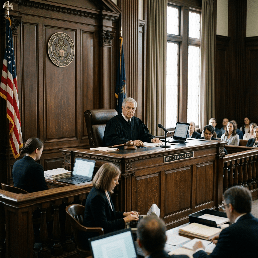 Judge T.D. Anderson seated at bench with attorneys and courtroom audience during proceedings