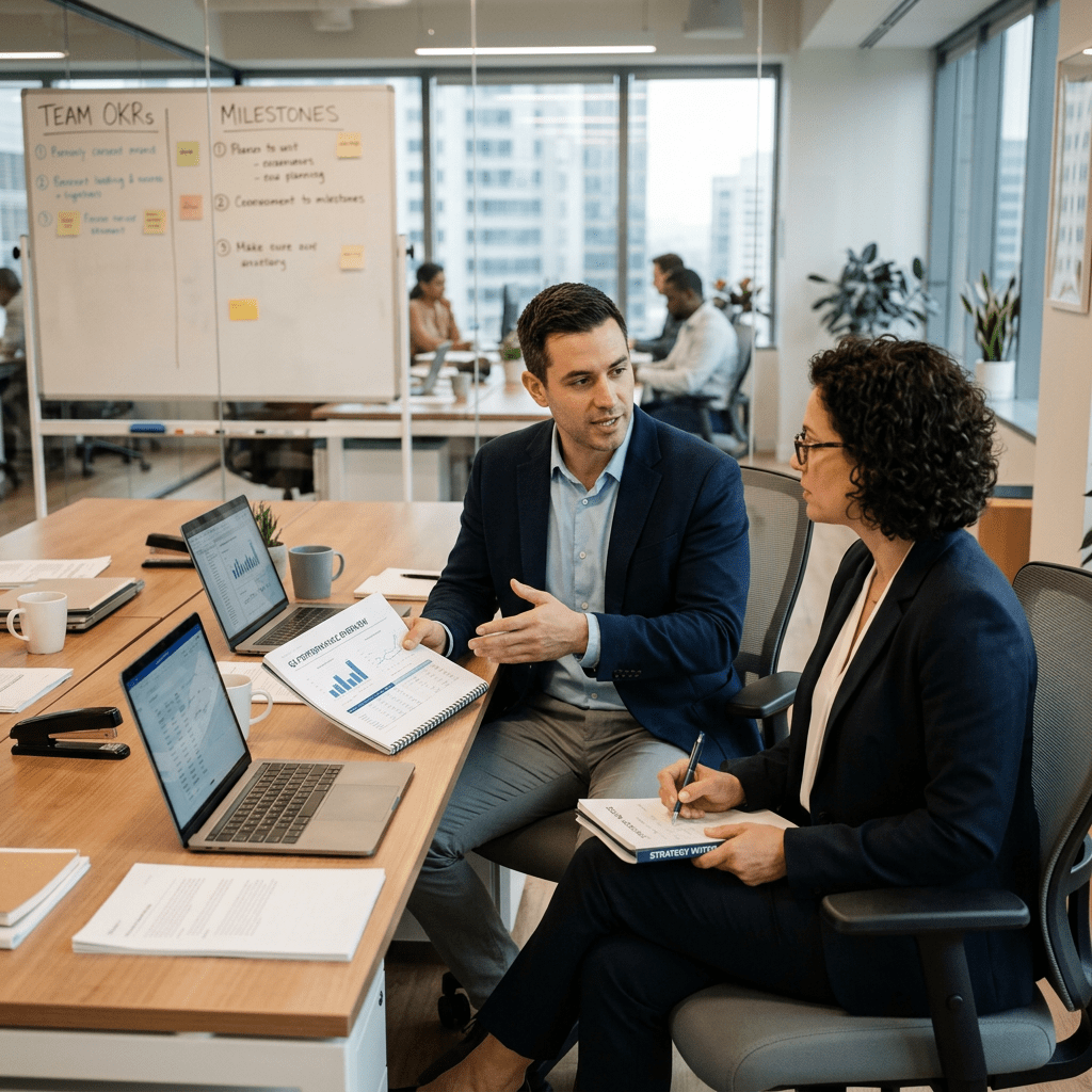 Two professionals sitting and discussing business charts and strategy notes in an office
