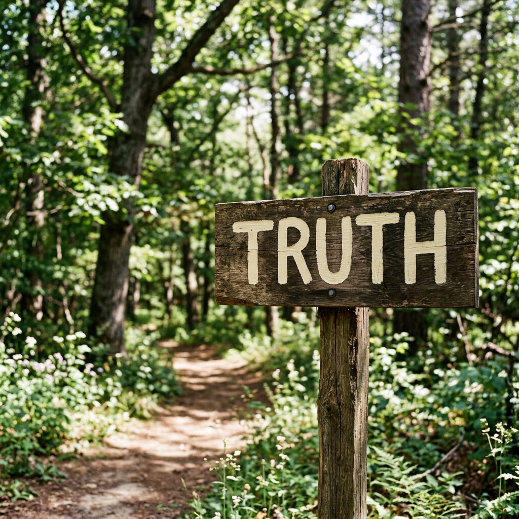 Wooden sign with the word TRUTH in capital letters on a pole in a forest