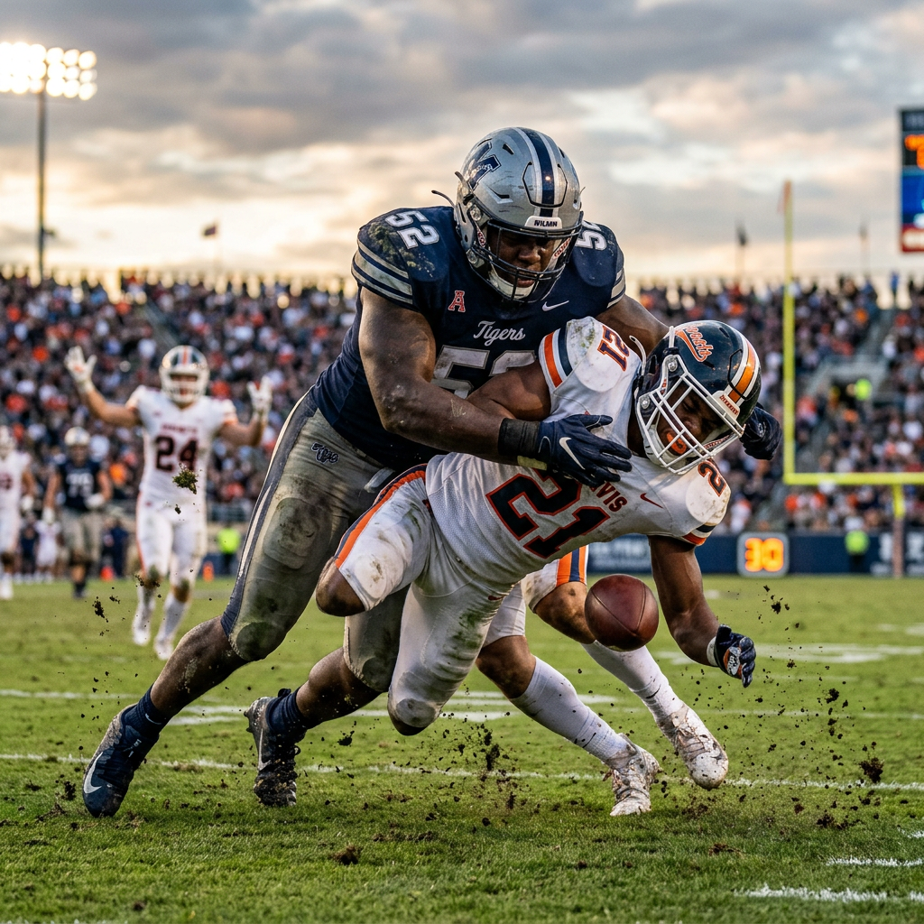 Defensive football player tackling opponent who is dropping the ball on a football field.