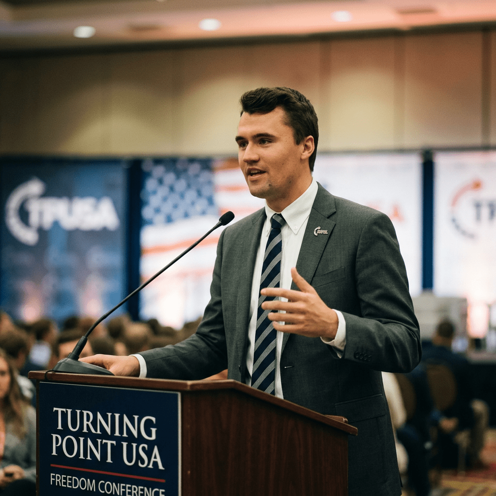 Man speaking at a podium with Turning Point USA sign at Freedom Conference
