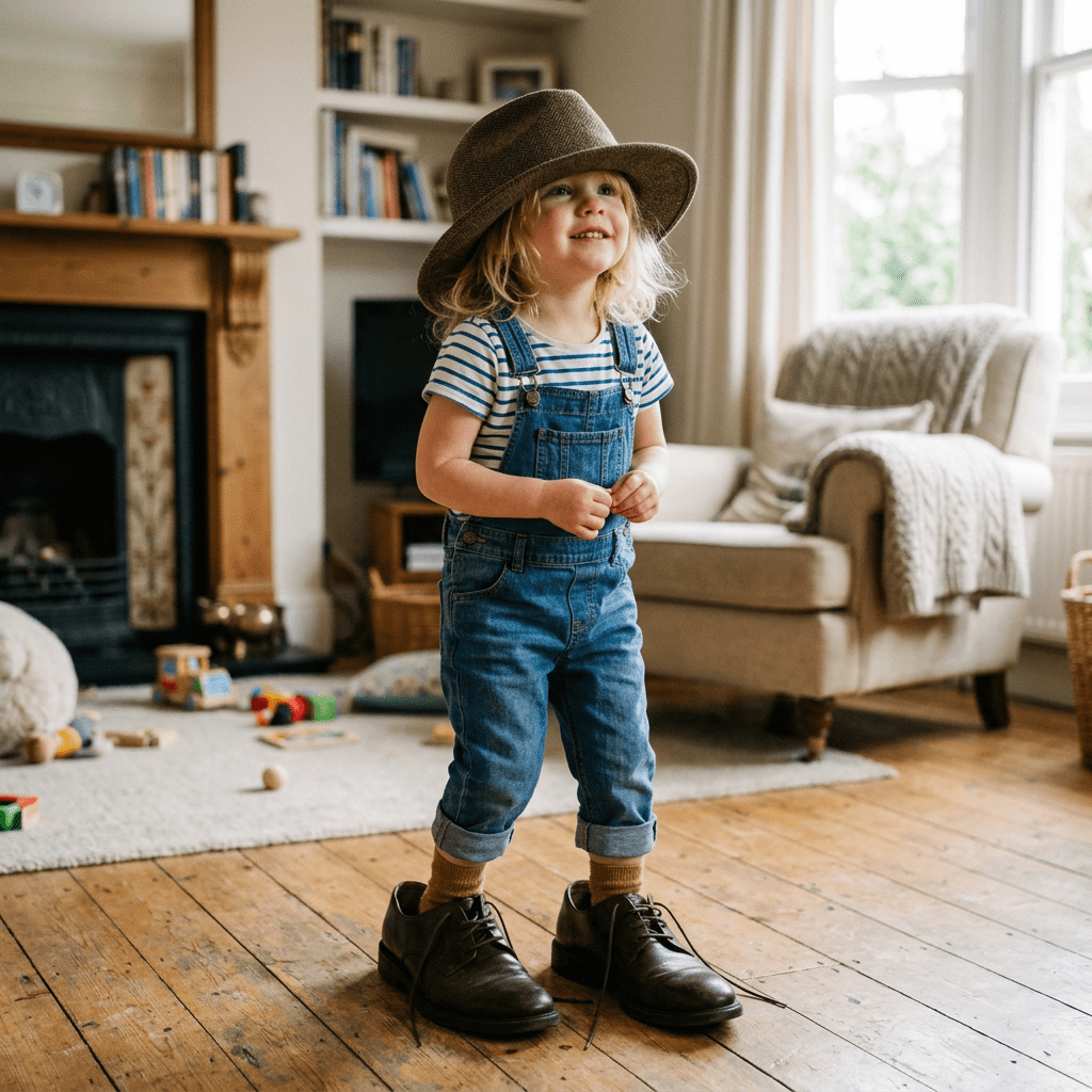 Child wearing oversized men's shoes and a hat in living room