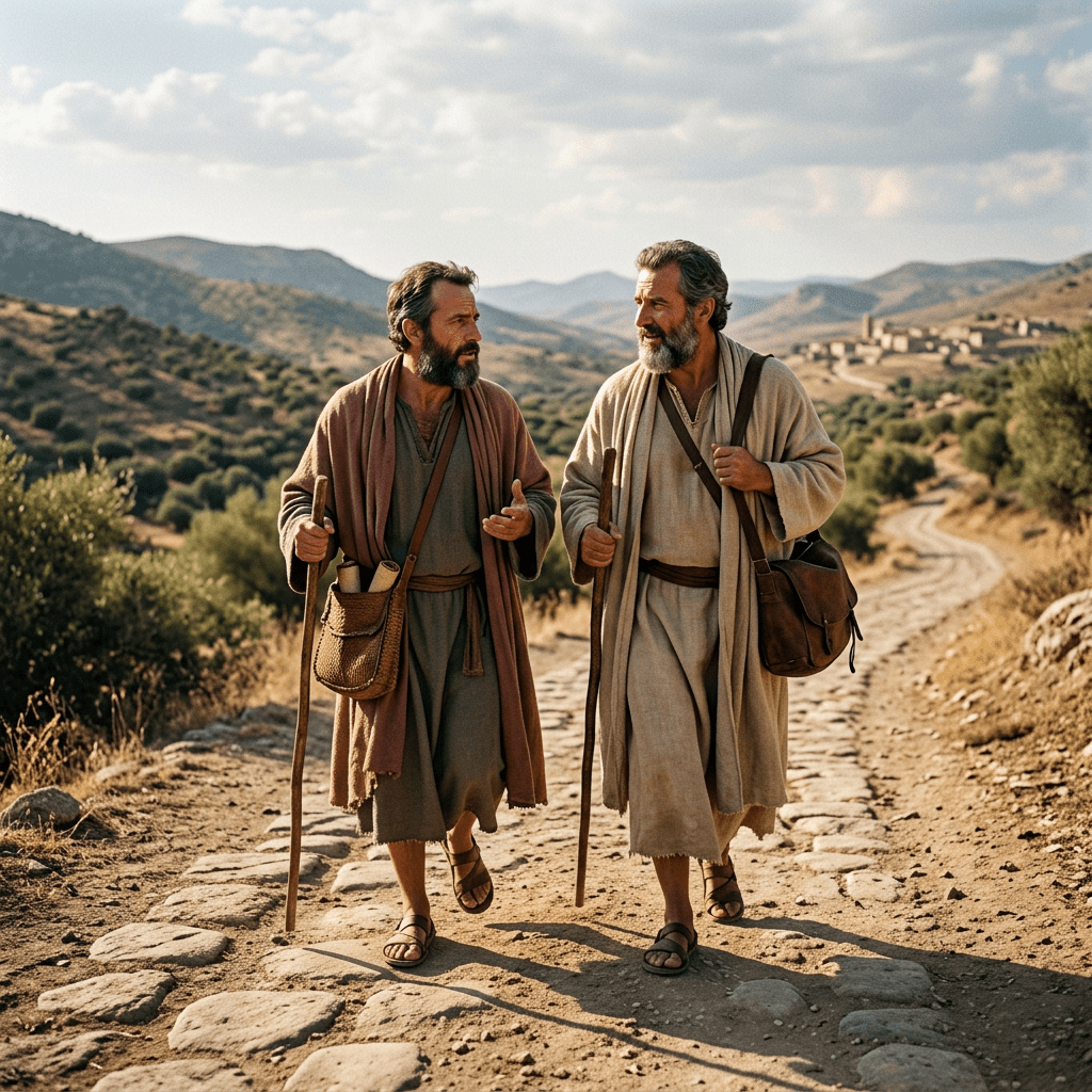 Two men in historical robes walking on a stone path through a mountainous rural area