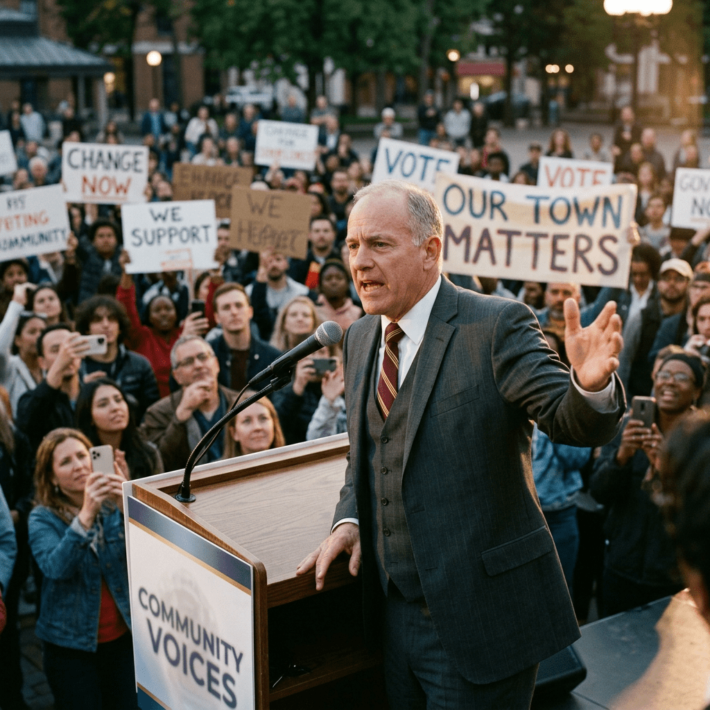 Politician speaking at podium during community voting rights rally with crowd holding signs