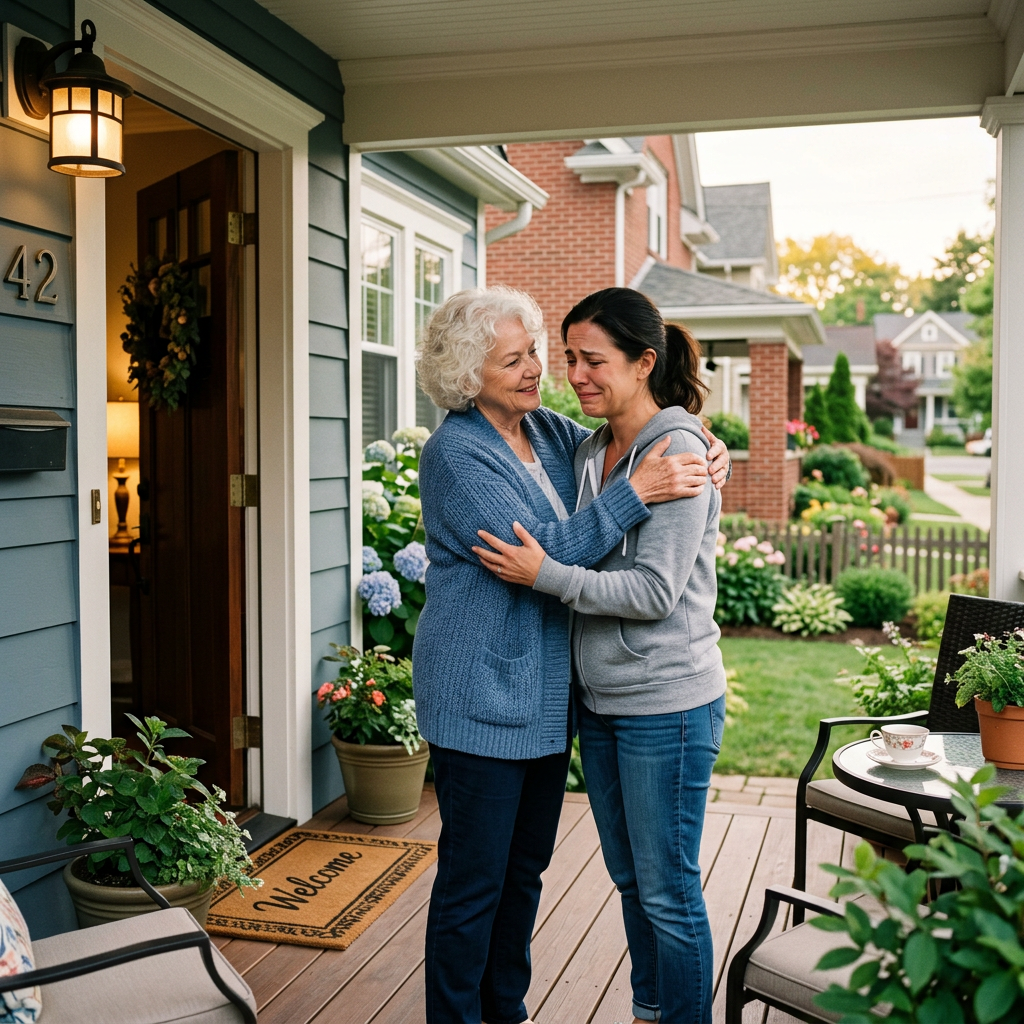 Elderly woman hugging and comforting a younger woman who looks upset on a front porch with house number 42