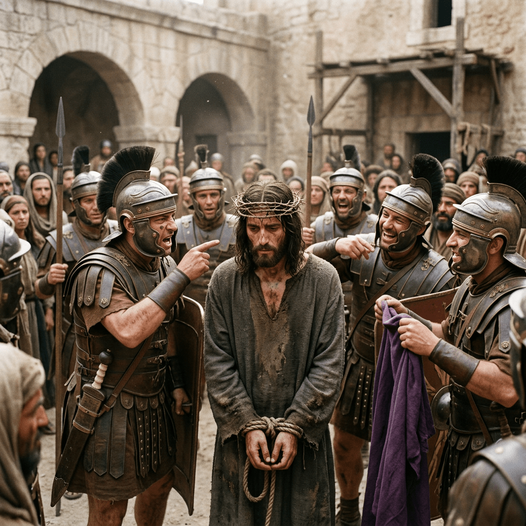 Bound man with crown of thorns standing among Roman soldiers mocking him
